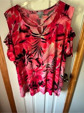 Catherines Hot Pink & Black Tropical Cold-Shoulder Blouse